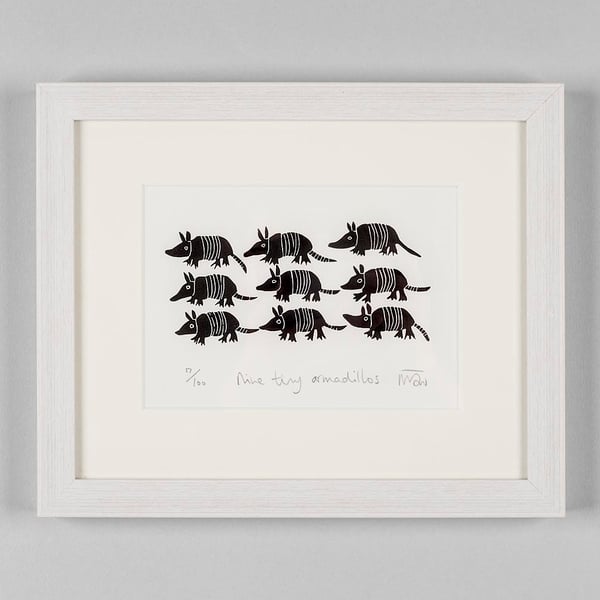 Nine Tiny Armadillos - original lino print