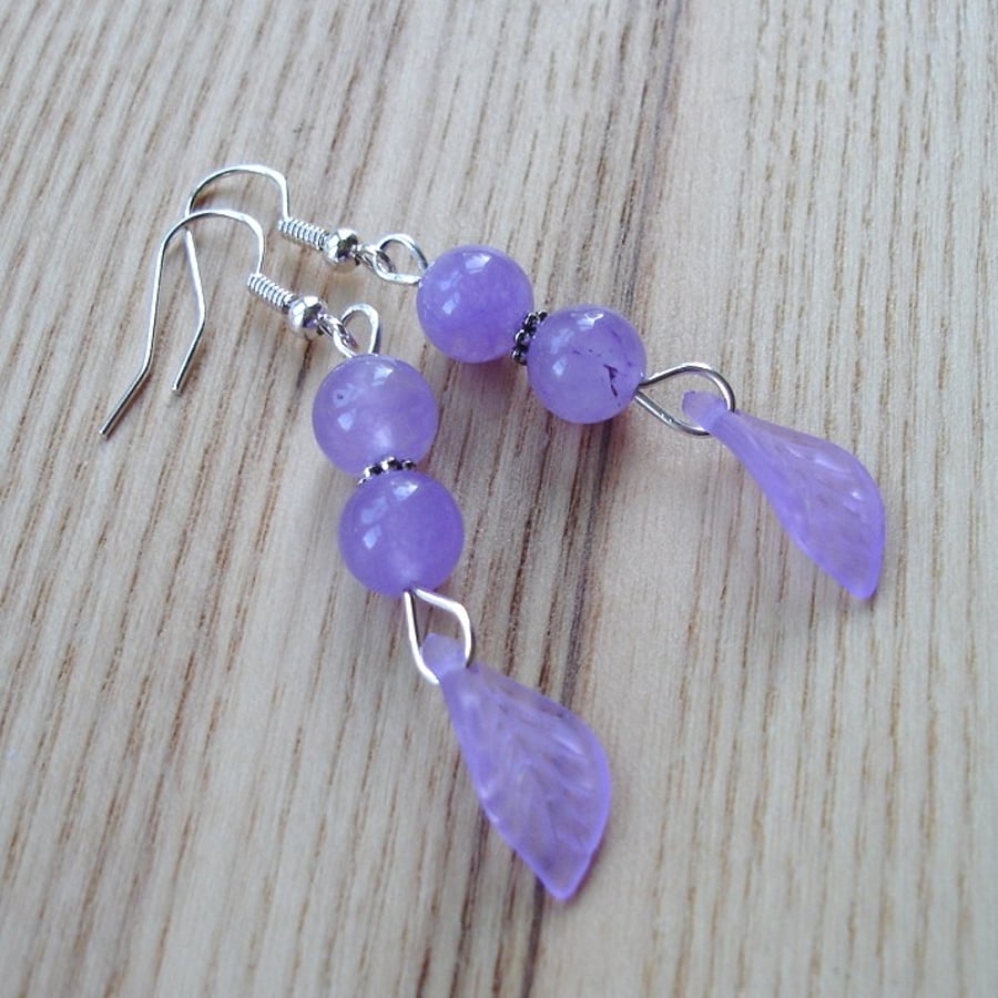 Purple Agate Gem and Lucite Leaf Earrings