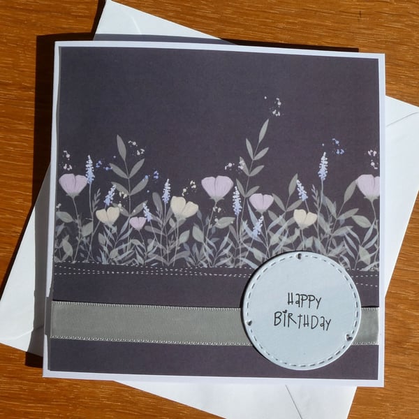 Happy Birthday Card - Pastel Floral on Slate Background