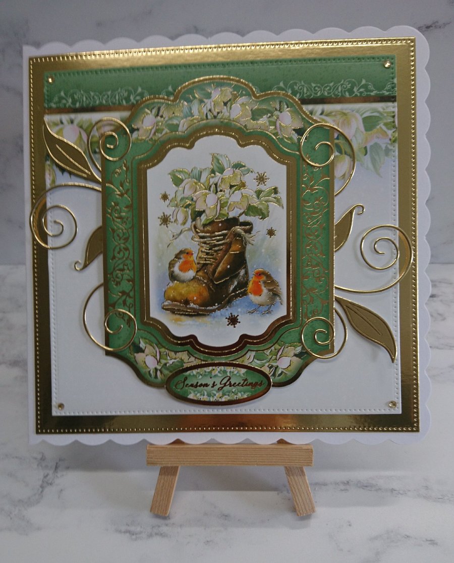 Handmade Christmas Card Season's Greetings Robins Garden Boot Snow