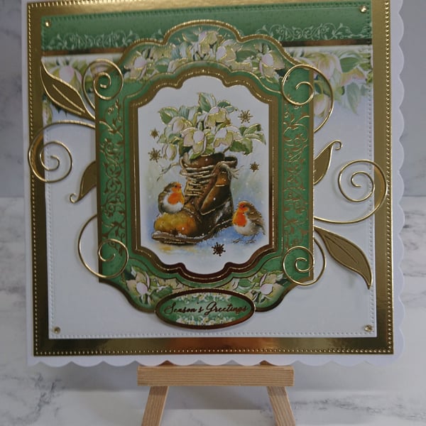 Handmade Christmas Card Season's Greetings Robins Garden Boot Snow