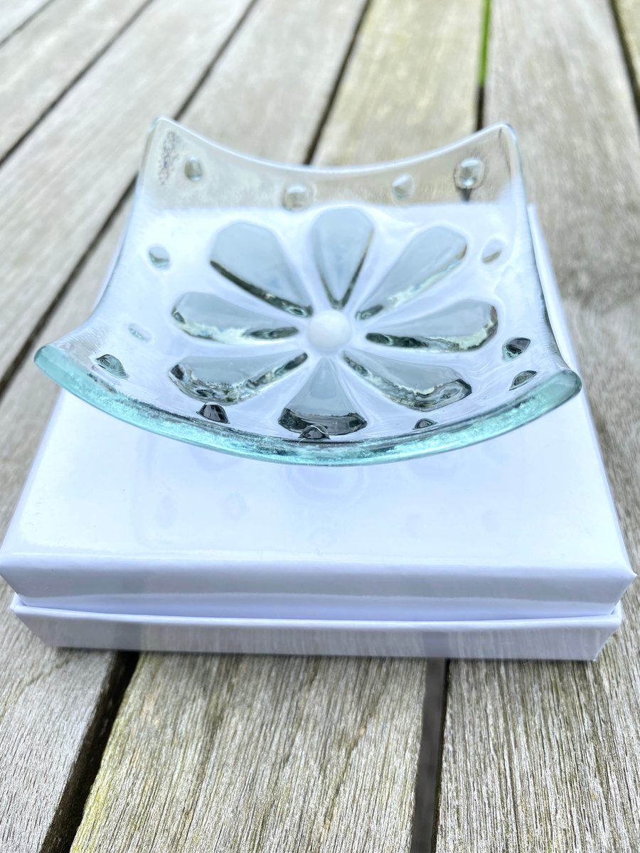 Grey retro style flower fused glass trinket dish 