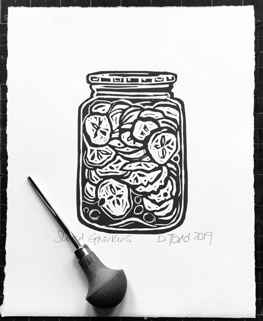 'Sliced Gherkins' Linocut Print