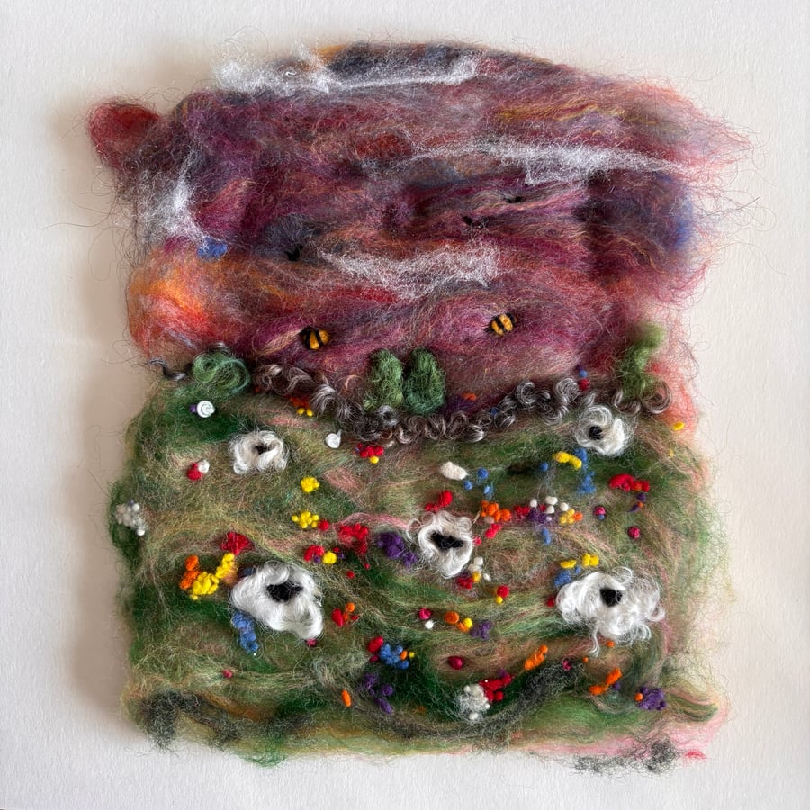 'The Midnight Meadow' Needlefelted sheep landscape art