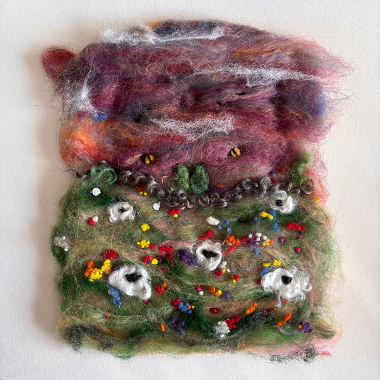 'The Midnight Meadow' Needlefelted sheep landscape art