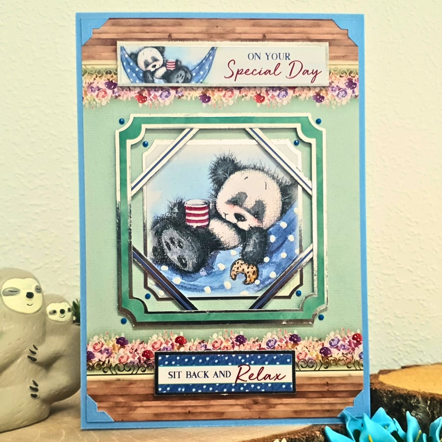 On Your Special Day Card With A Panda Relaxing In A Blue Spotty Hammock 