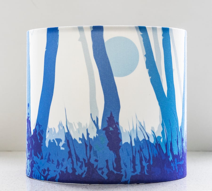 20cm round drum table-lamp lampshade landscape misty woodland sunrise trees mist