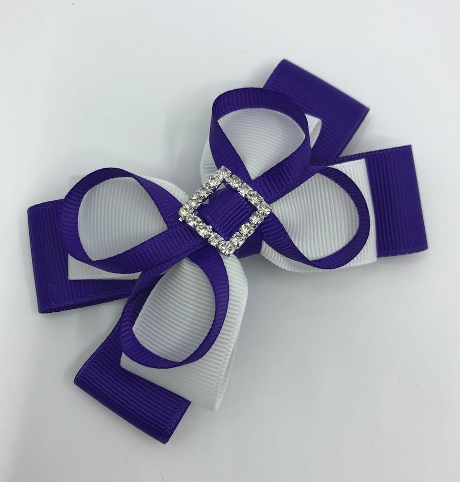Purple and White Double Layer Bow with Purple Loops on Clip
