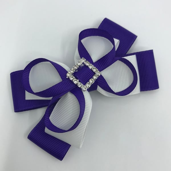 Purple and White Double Layer Bow with Purple Loops on Clip