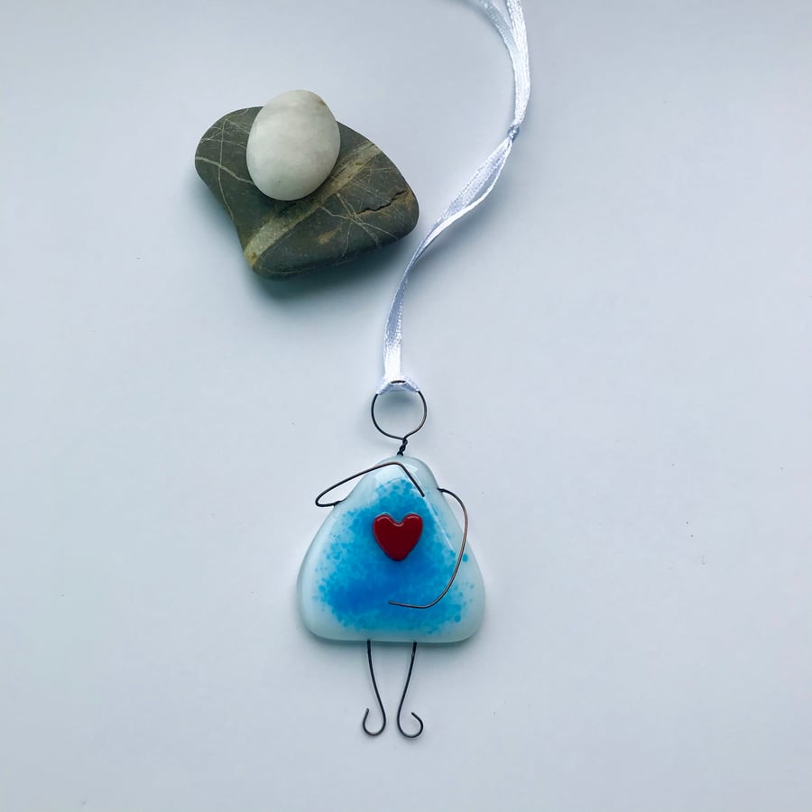  fused glass girl, hug, heart, gift for friend, mid blue 