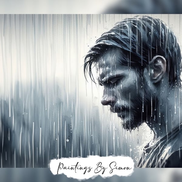 Pensive Man in Rain, Watercolor Painting Print 5"x7" on Matte Paper