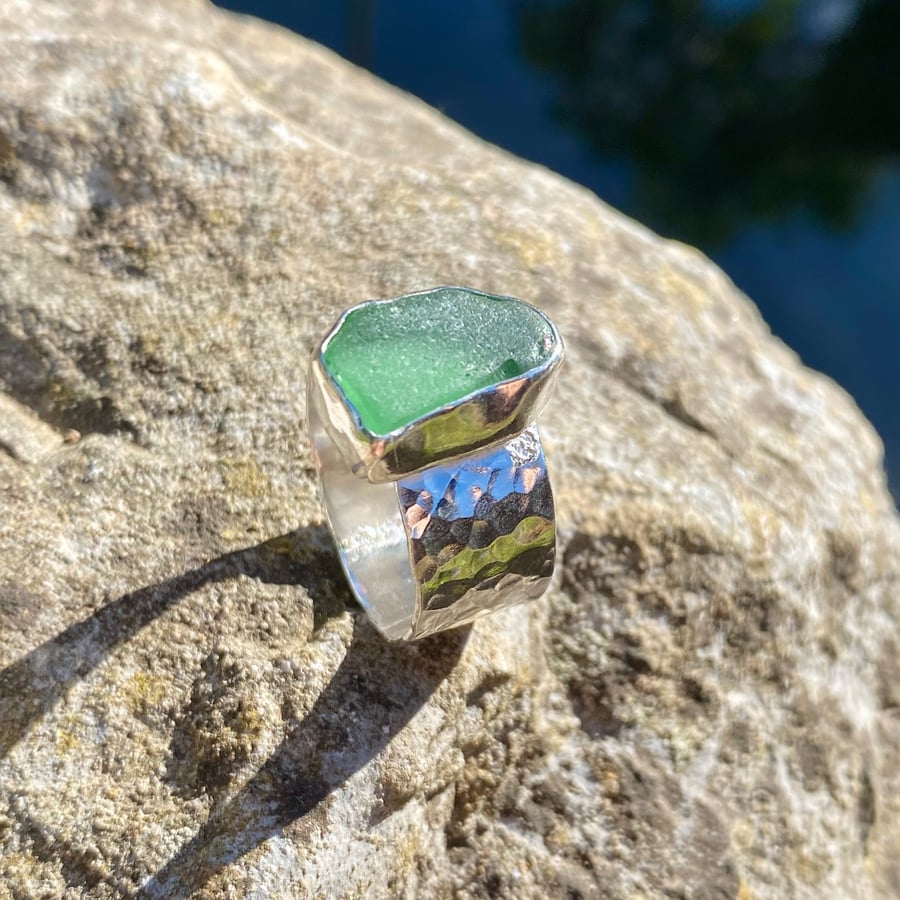 Chunky Wide Band Green Sea Glass and Sterling Silver Ring- Size T - 1351