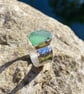 Chunky Wide Band Green Sea Glass and Sterling Silver Ring- Size T - 1351