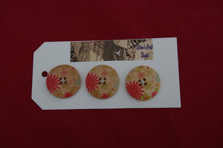 Buttons Three Large Wooden Buttons with Printed Design