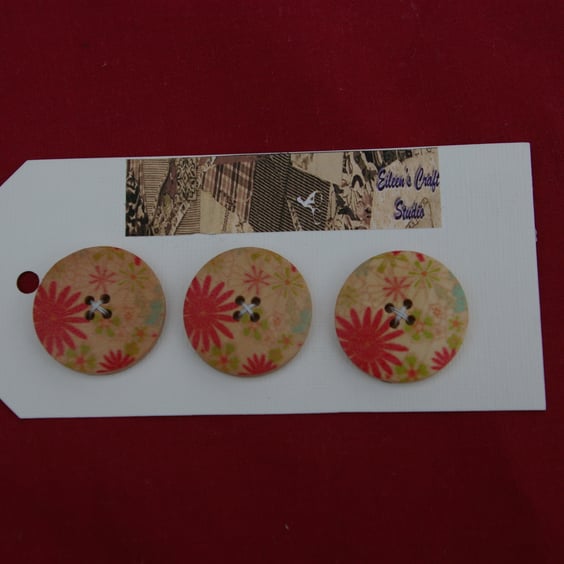 Buttons Three Large Wooden Buttons with Printed Design