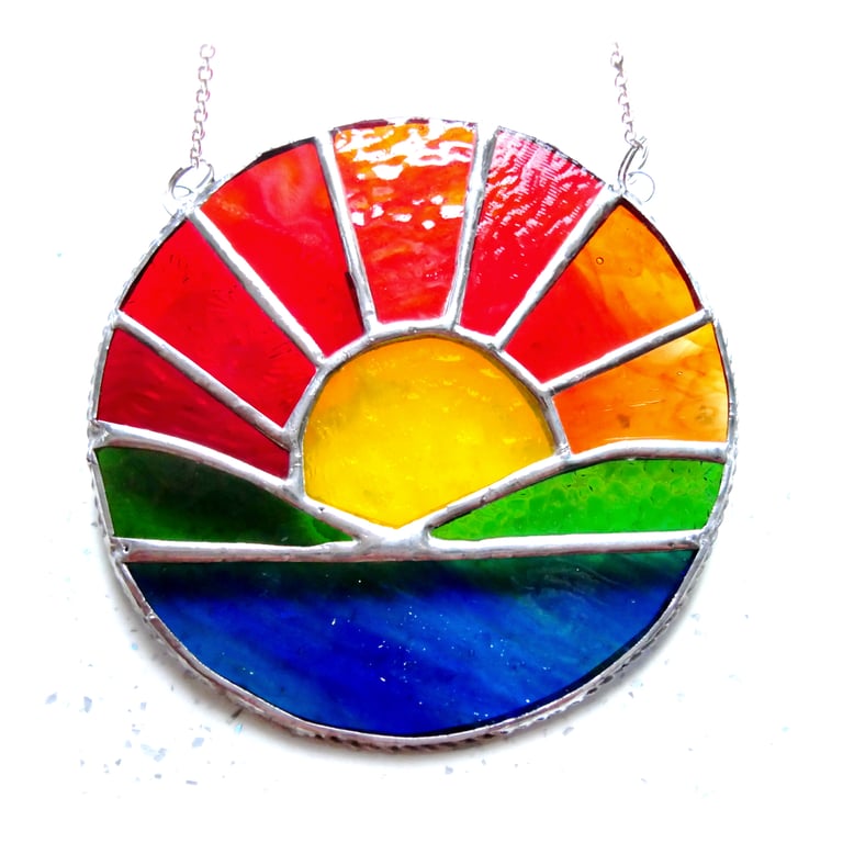 Sunrise Picture Stained Glass Suncatcher Handmade Sea Ring 