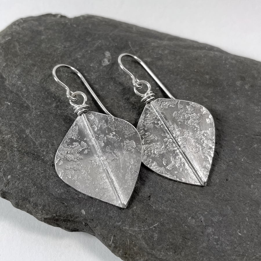Large silver leaf spear earrings