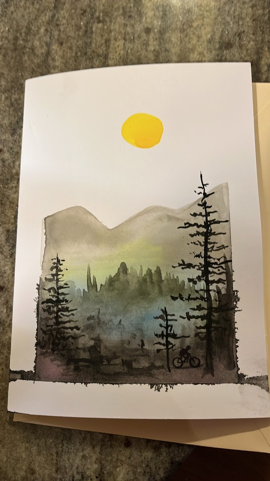 Hand painted runner or cyclist  in a mountain forest card 