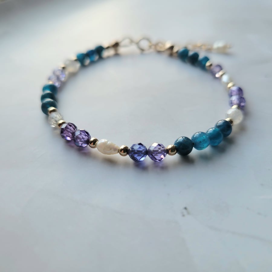 Beaded Gemstone Bracelet with Pearls, Apatite & Cubic Zirconia 14kt Gold Filled