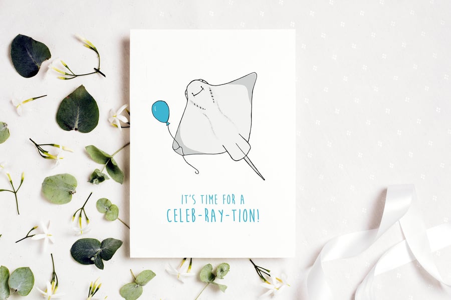 Sting Ray Birthday Card - Cute Mantaray Birthday card, Funny Sea Card