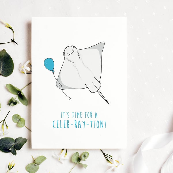 Sting Ray Birthday Card - Cute Mantaray Birthday card, Funny Sea Card