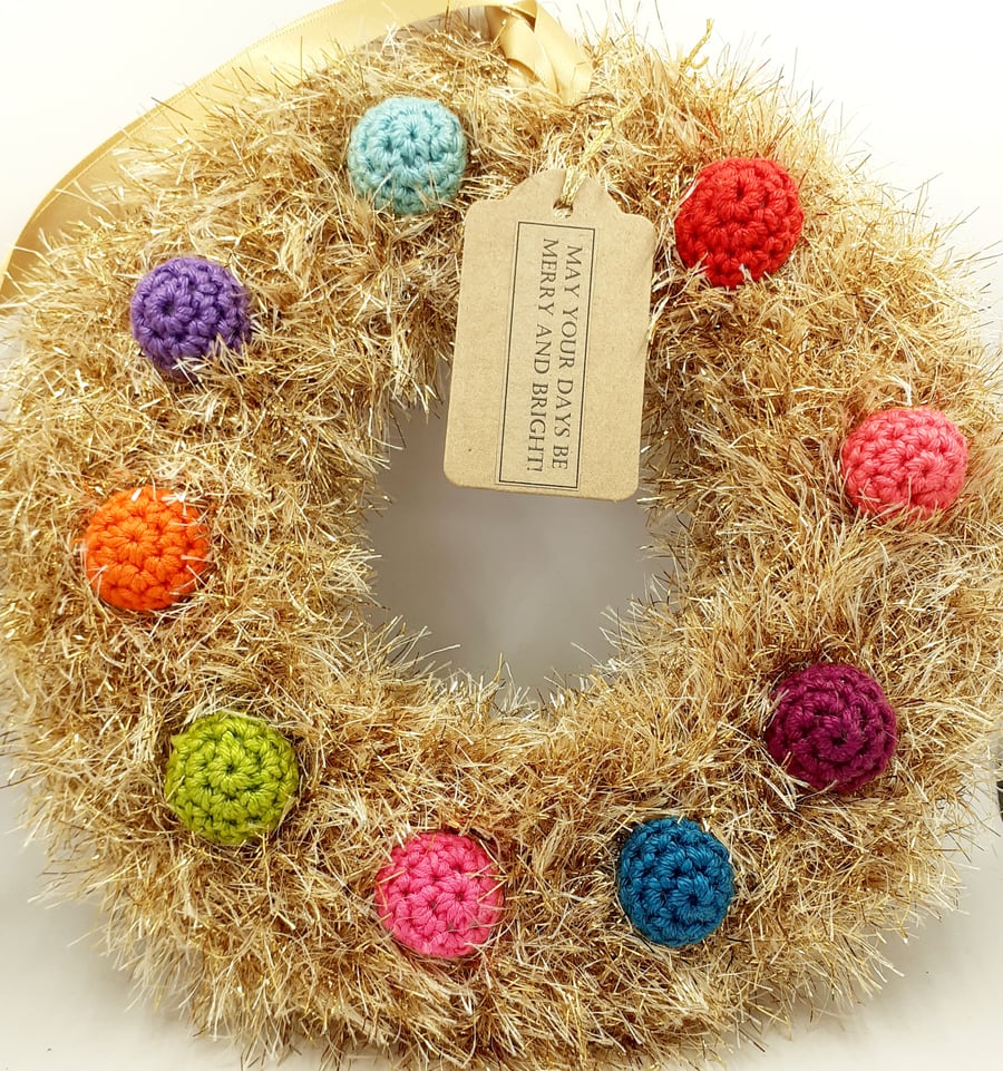 Small Gold Tinsel Yarn Wreath with Crochet Baubles 