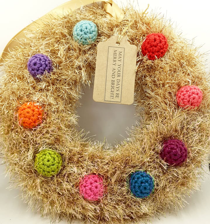 Small Gold Tinsel Yarn Wreath with Crochet Baubles 