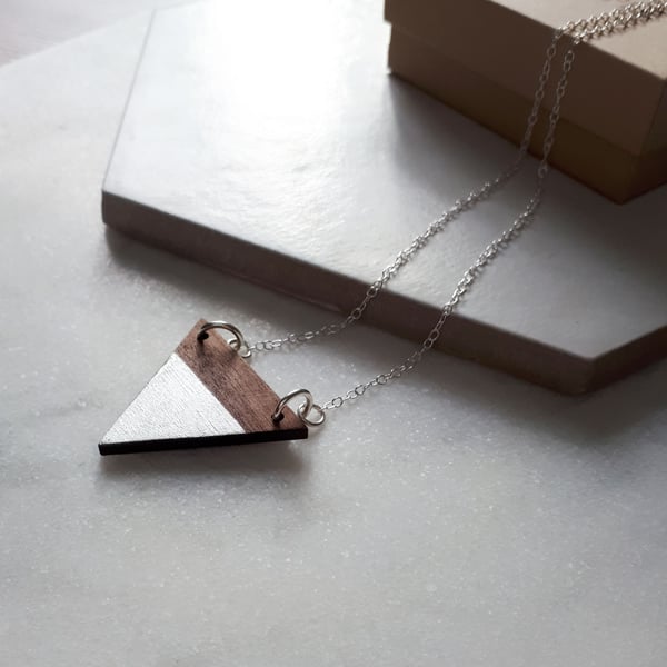 Wooden Triangle Contemporary  Necklace with Silver Leaf 