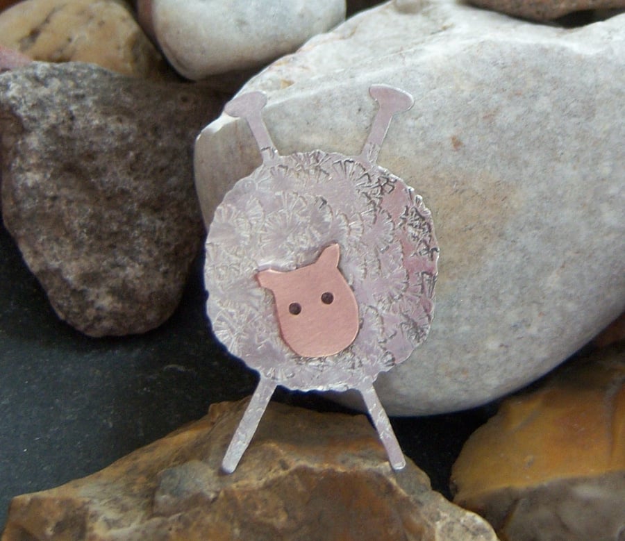 Knitting needle sheep brooch in sterling silver and copper
