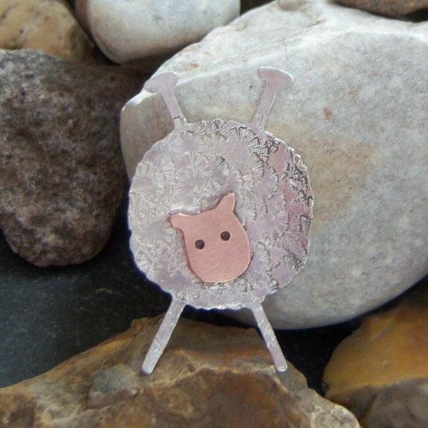 Knitting needle sheep brooch in sterling silver and copper