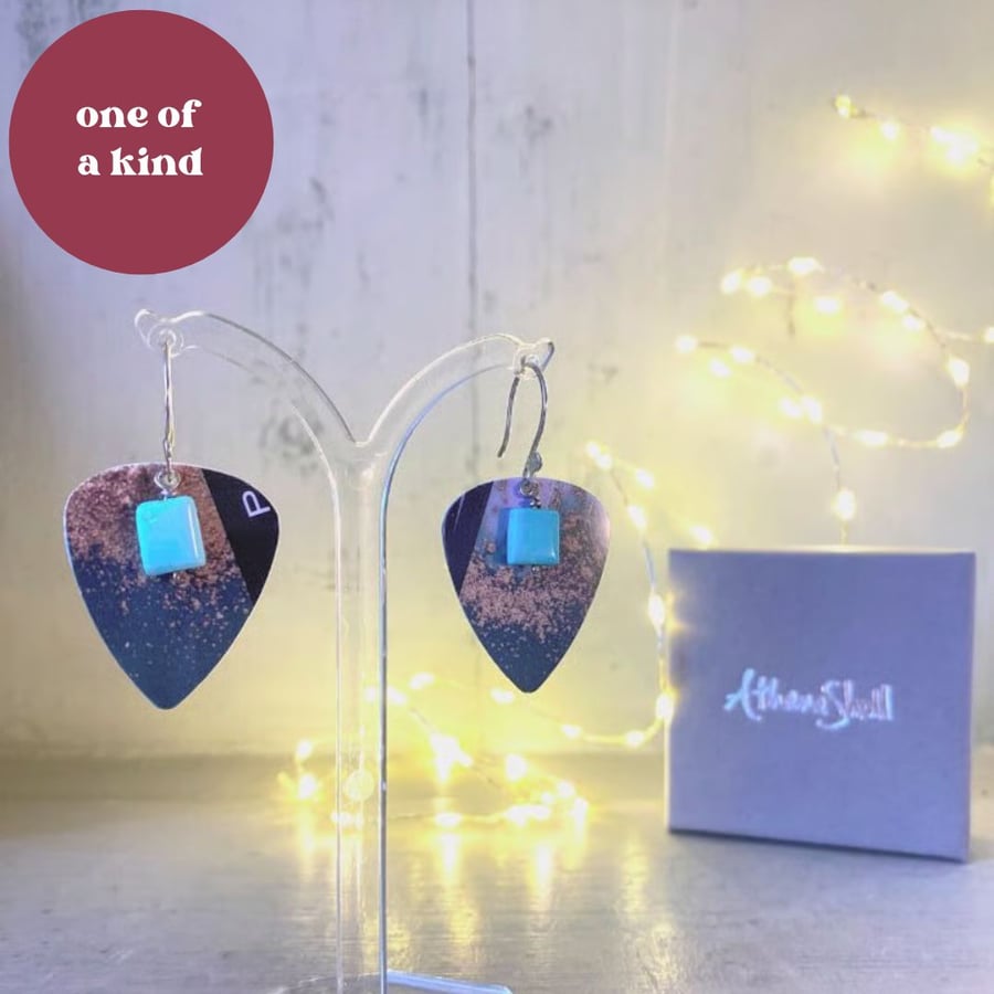 Recycled Plastic Guitar Pick Earrings with Blue Turquoise
