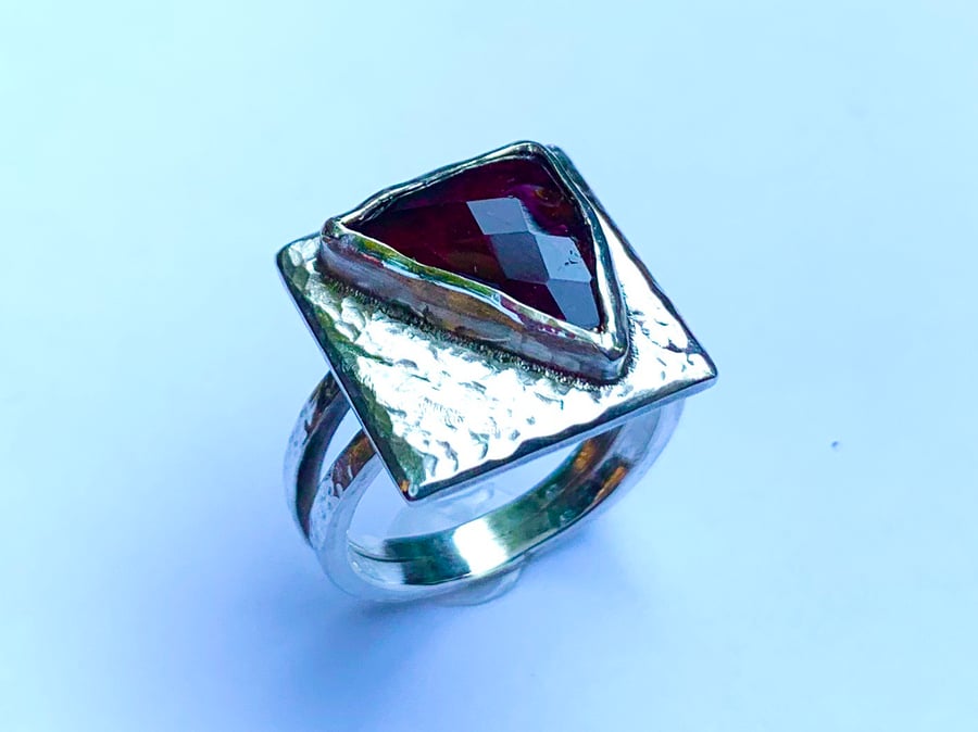 Unique ‘Raspberry’ Tourmaline & Sterling Silver ‘Picture’ Ring (U.K size L or M)