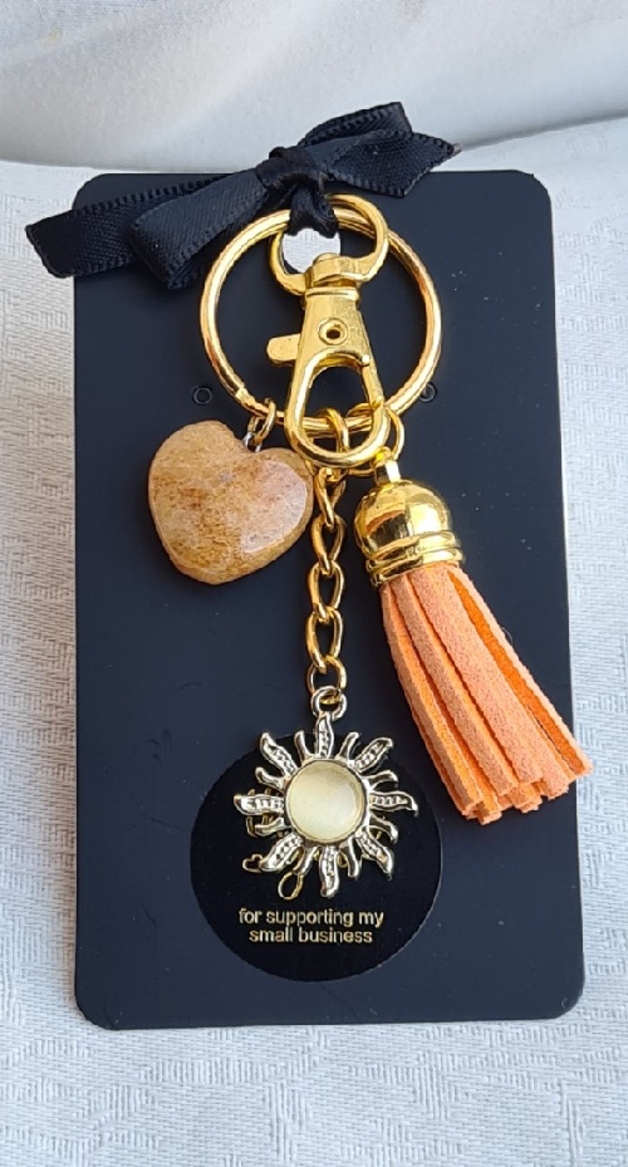 Brighter Days Keyring 1 - Yellow Sun, Orange Tassel, Light Orange Gemstone Heart