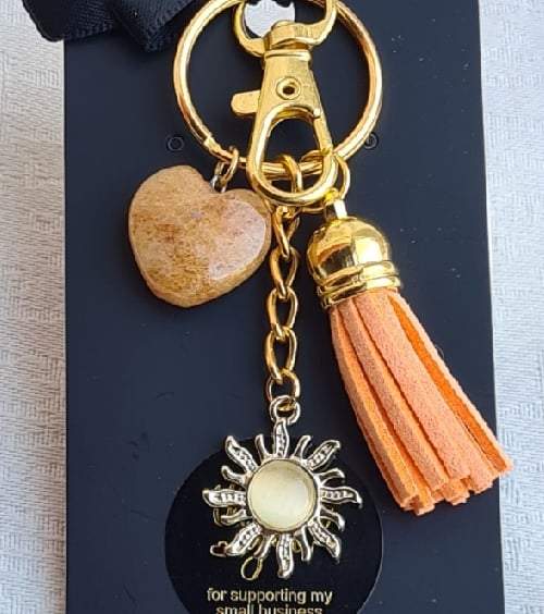 Brighter Days Keyring 1 - Yellow Sun, Orange Tassel, Light Orange Gemstone Heart