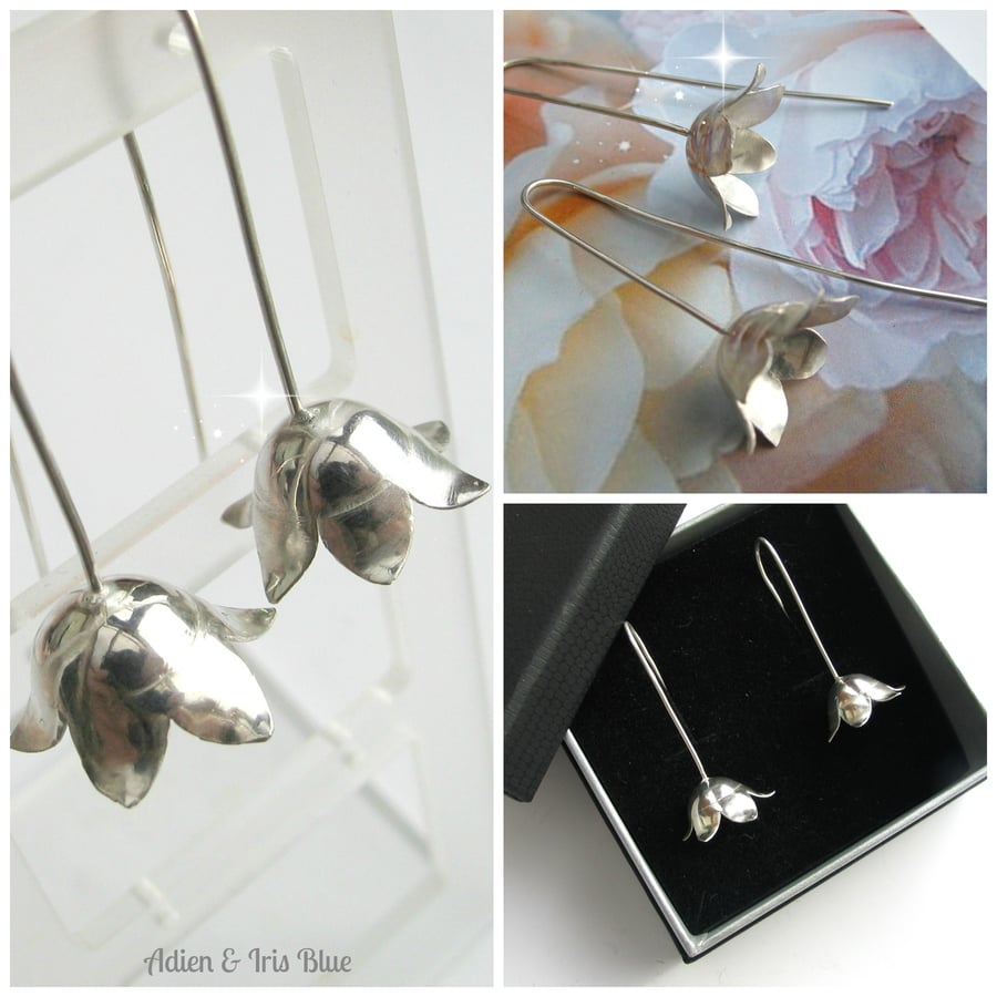 Silver Flower Drop Earrings