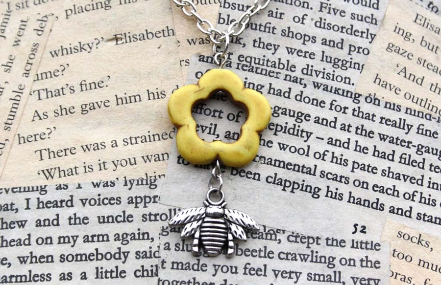 Silver Bee Charm Flower Charm Necklace