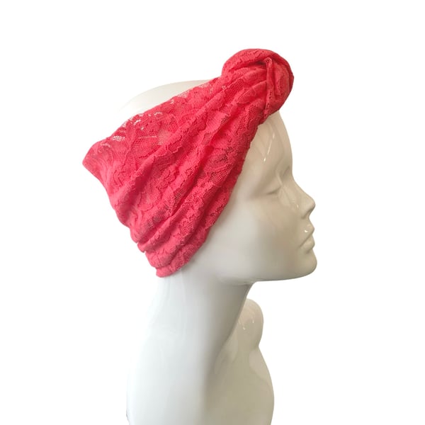 Super Light Raspberry Pink Lace Front Knotted Turban Headband Head Wrap Women