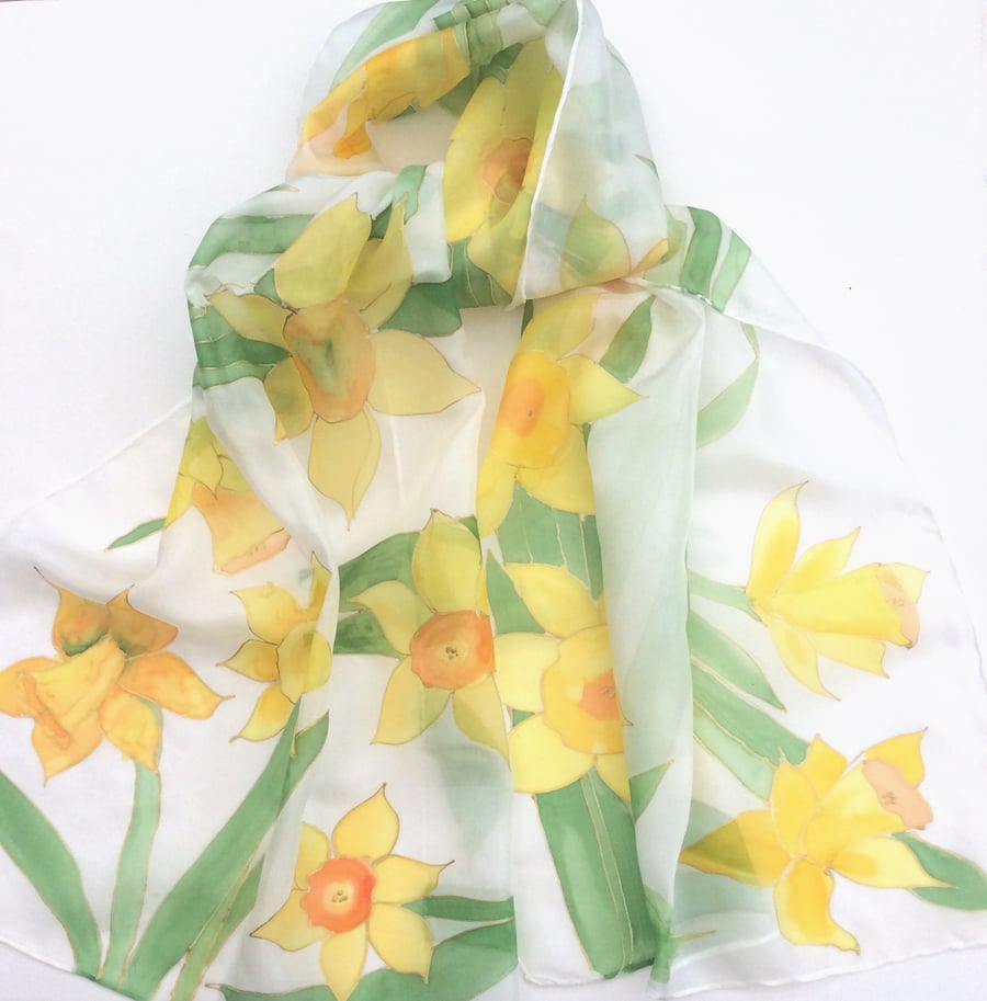 Daffodils hand painted silk scarf