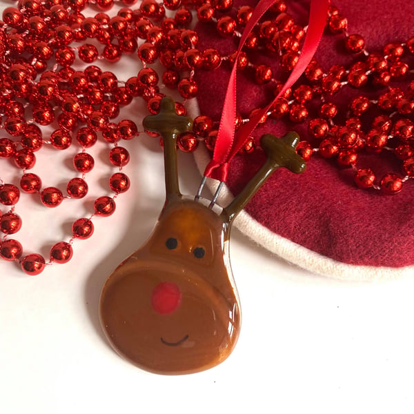 Fused Glass Reindeer Christmas Hanging Decoration