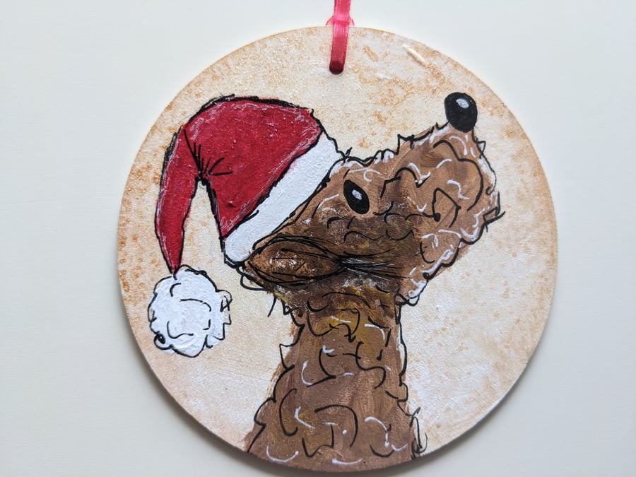 Christmas decoration, Bedlington Terrier, dog, christmas tree, santa hat, poodle