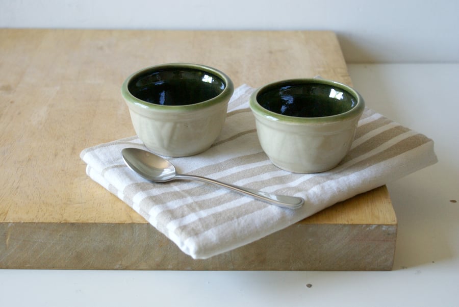 Set of two mini stoneware bowls with wheat design and green interior