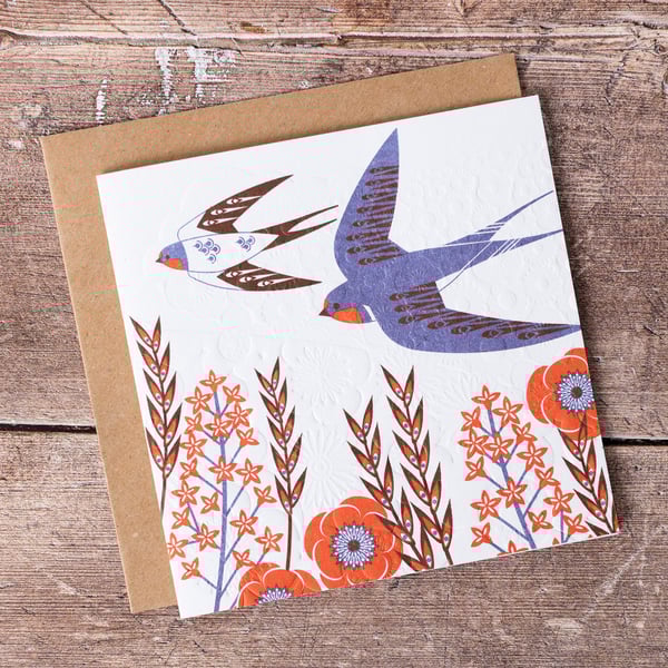 Swallow Greeting Card Hand Embossed Single Birthday Thank You Card