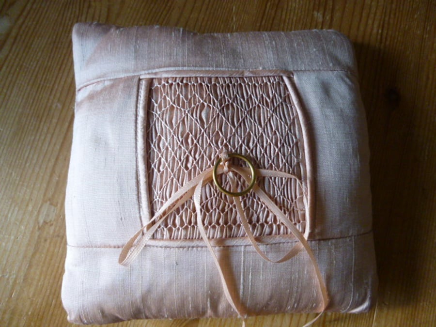 Hand Smocked Silk Cushion for Wedding Rings, Pale Rose Colour