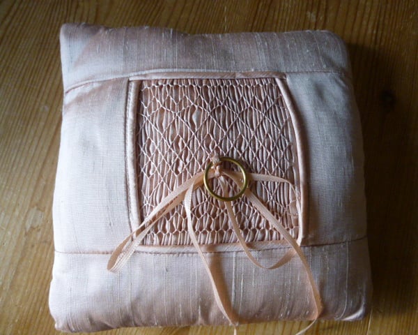 Hand Smocked Silk Cushion for Wedding Rings, Pale Rose Colour