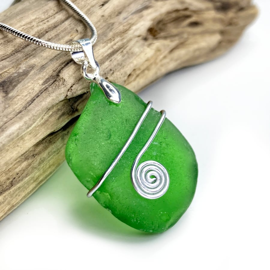 Sea Glass Pendant - Emerald Green Celtic Necklace - Scottish Silver Jewellery