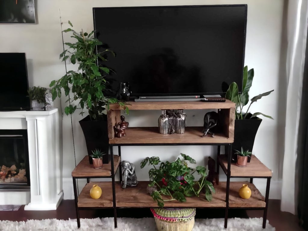 TV Stand Shelving Unit - Sleek , Vintage Style Using Reclaimed Scaffold Boards -