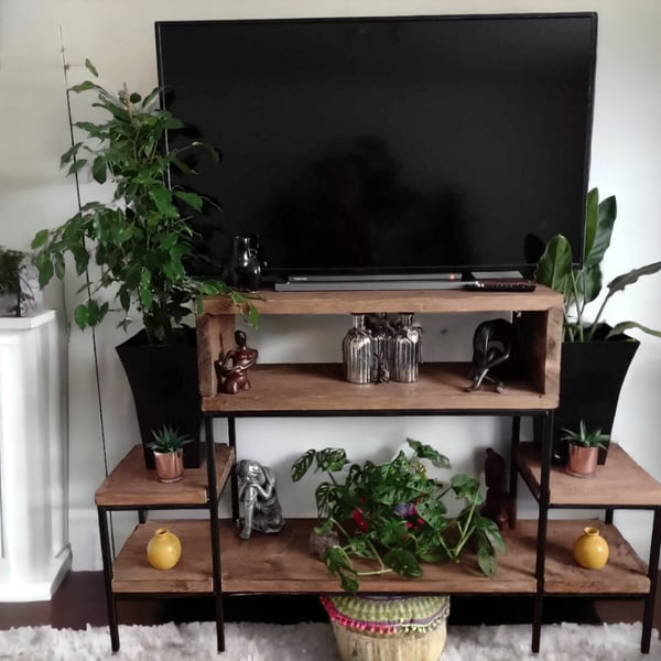 TV Stand Shelving Unit - Sleek , Vintage Style Using Reclaimed Scaffold Boards -