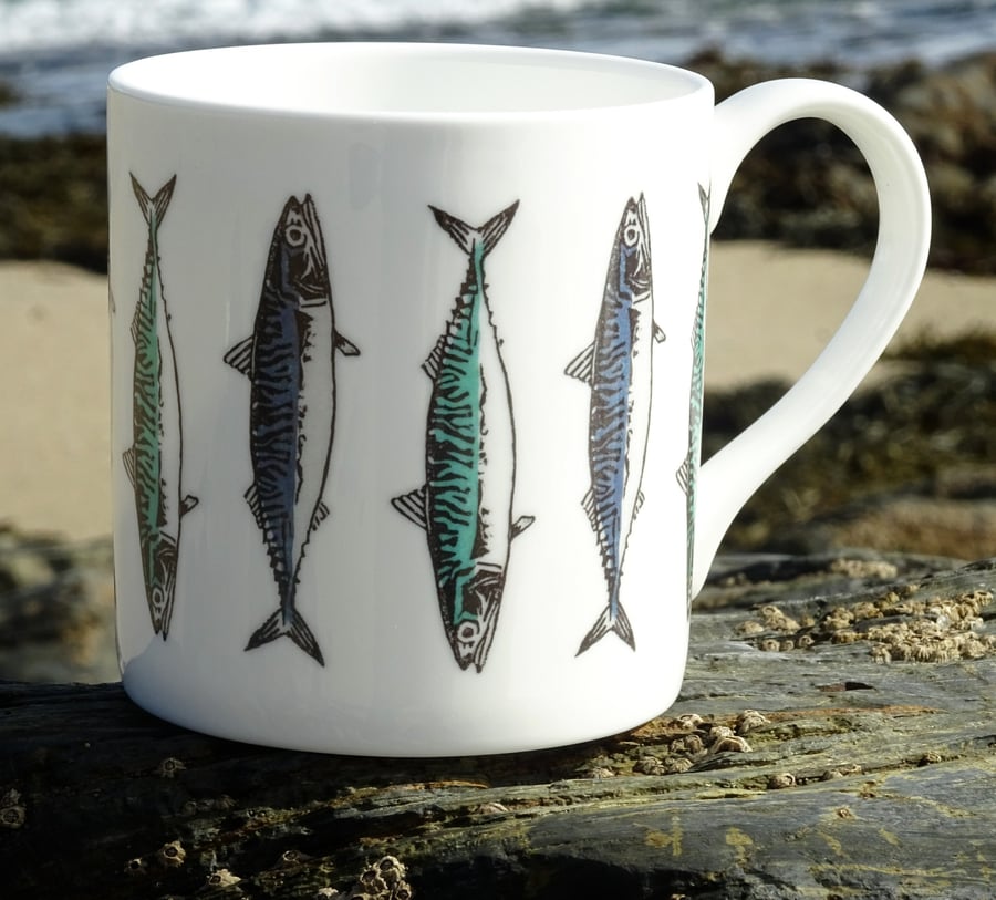 Ceramic Mackerel Mug - coastal home kitchenware, fish sea themed decor