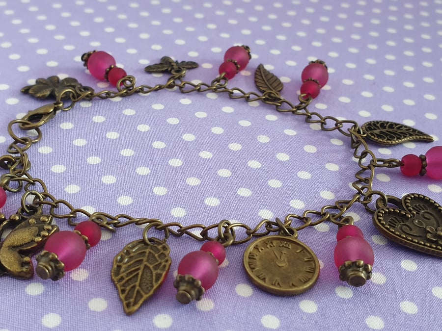 Frosted Pink and Antique Bronze Charm Bracelet