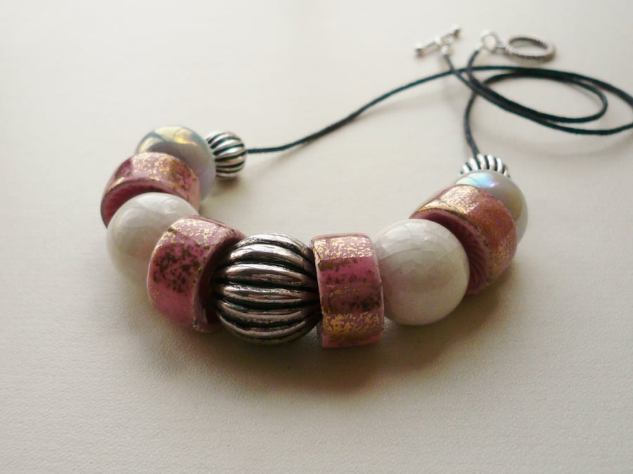 Collar Necklace Pink White and Grey Ceramic Rondelle Bead   KCJ1702